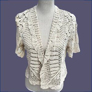 🆕🩷 Gorgeous 100% Cotton Short Sleeved Hand-crocheted Unlined Jacket in Natural
